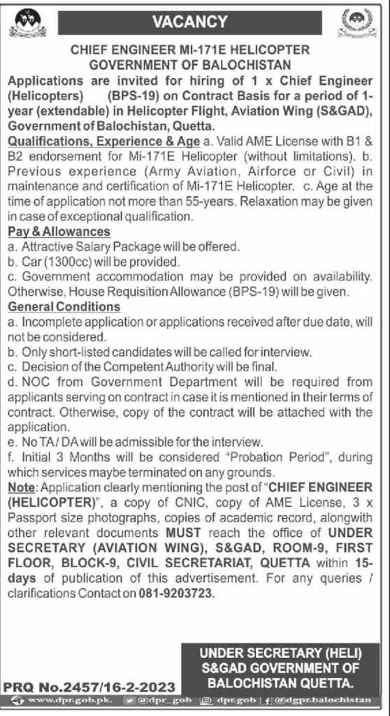 Position at Aviation Wing S&GAD Balochistan 2023