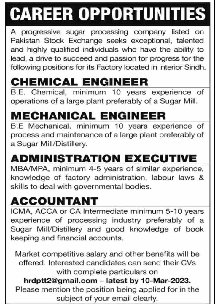 Jobs at Sugar Processing Company Sindh 2023