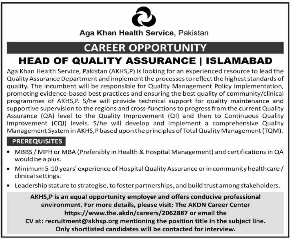 Job at Aga Khan Health Service Islamabad 2023