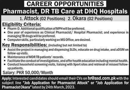 Pharmacist Required at DHQ Hospitals 2023