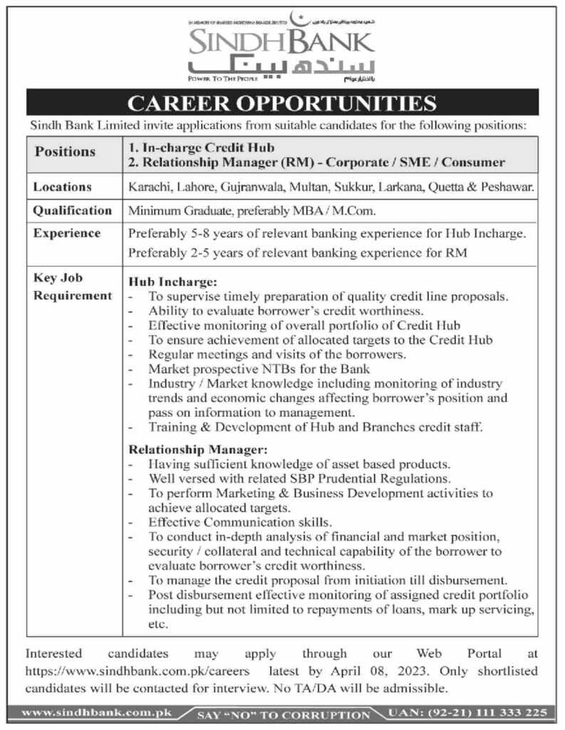 Career Opportunities at Sindh Bank Limited 2023