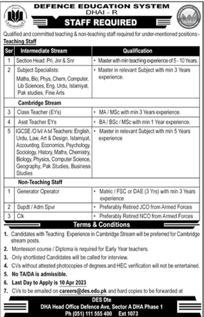 Jobs at Defence Education System 2023