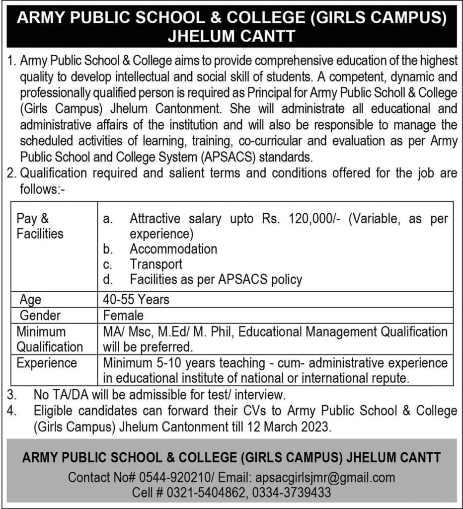 Jobs at APSAC Girls Campus Jehlum Cantt 2023