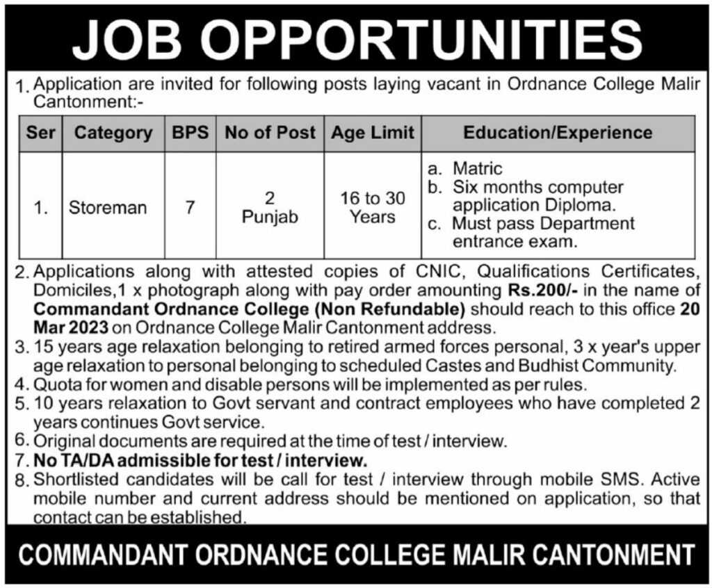 Jobs at Ordnance College Malir Cantt 2023