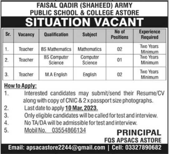 Jobs at Faisal Qadir Shaheed APS&C Astore 2023