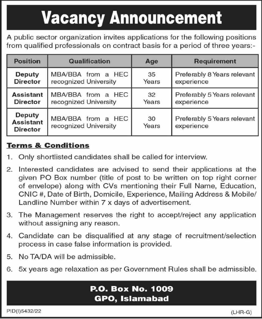 New Public Sector Jobs in Islamabad 2023