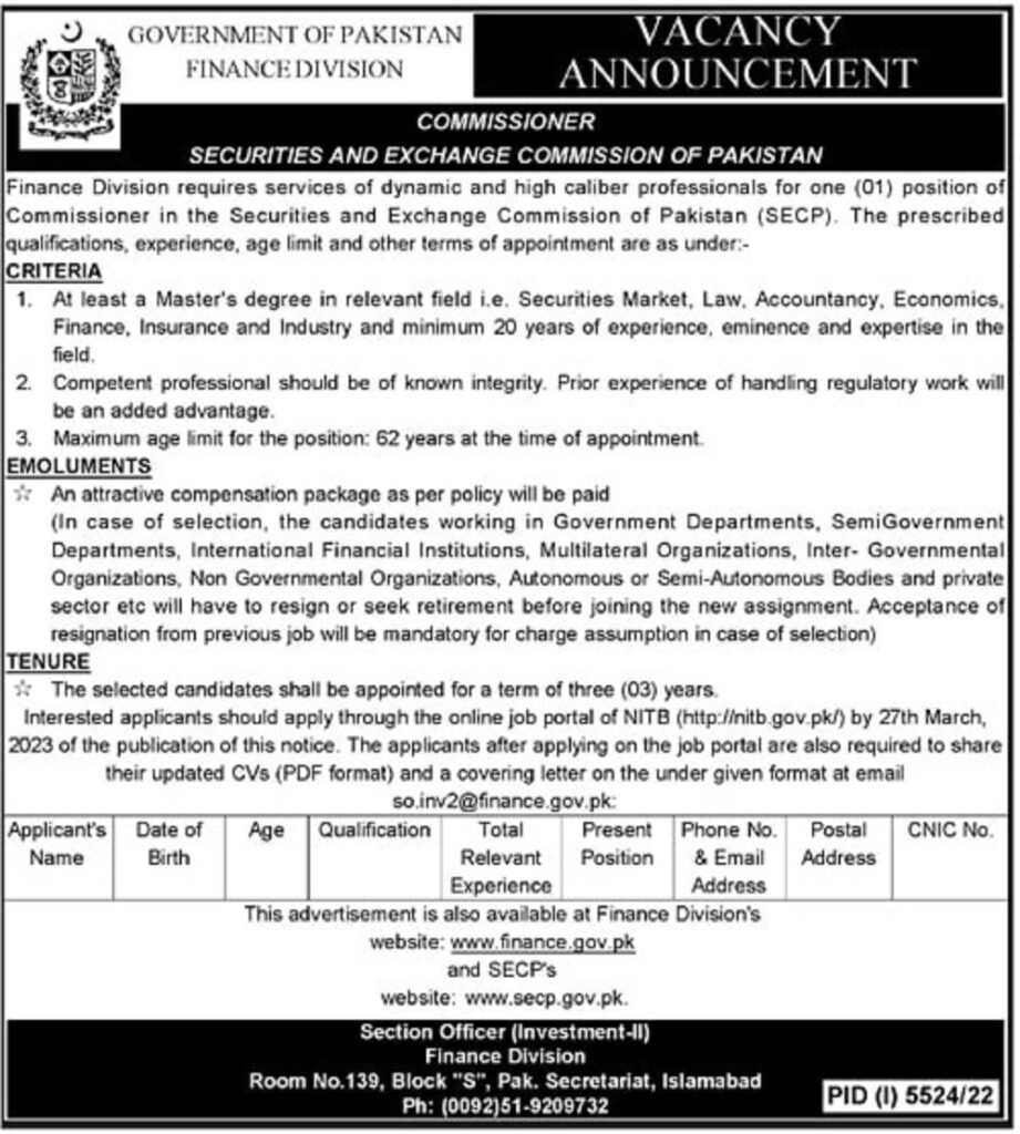 Commissioner Position at SECP 2023