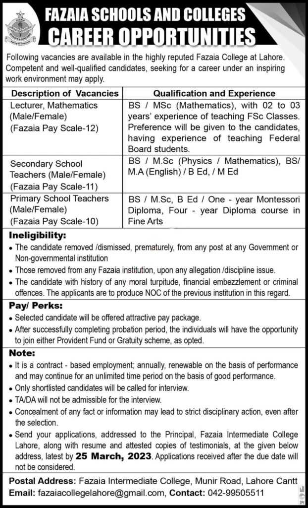 Jobs at Fazaia College Lahore 2023