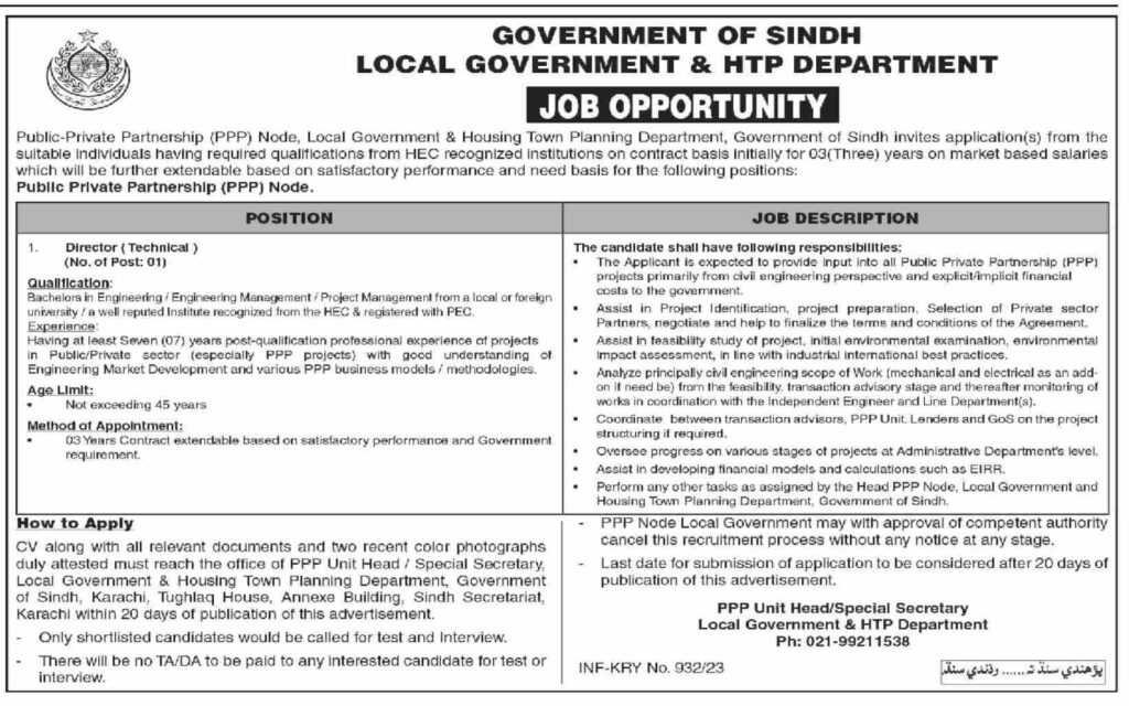 Local Govt & HTP Department Sindh Jobs 2023