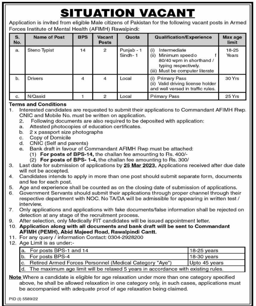 Jobs at AFIMH Rawalpindi 2023