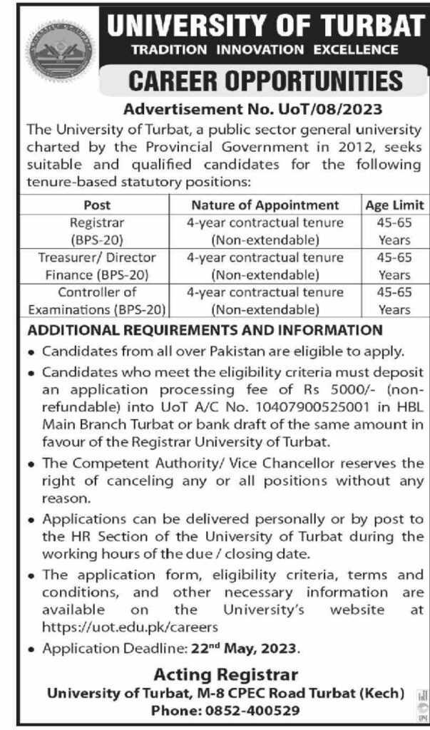 Positions at University of Turbat 2023