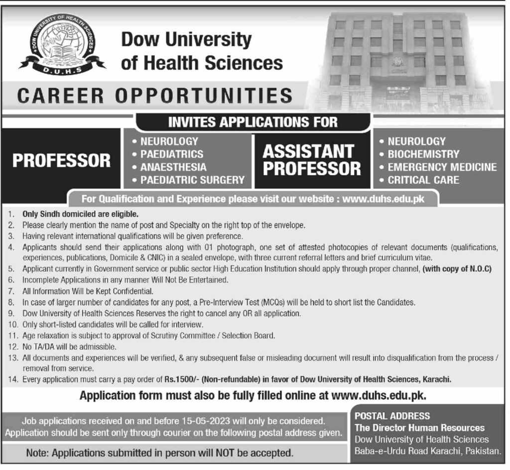 Teaching Positions at Dow University Karachi 2023