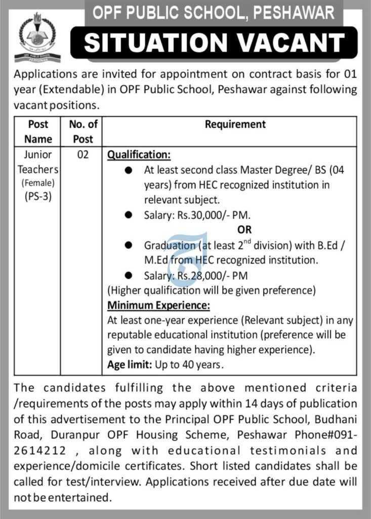Positions at OPF Public School Peshawar 2023