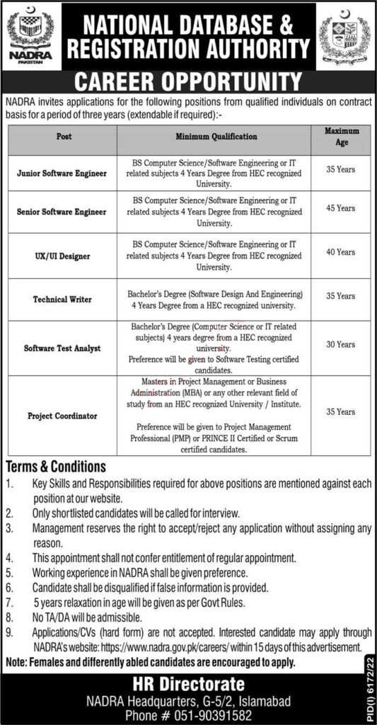 Vacancies at NADRA HQ Islamabad 2023