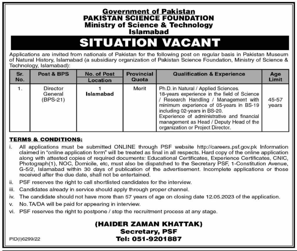 Position at Pakistan Science Foundation 2023