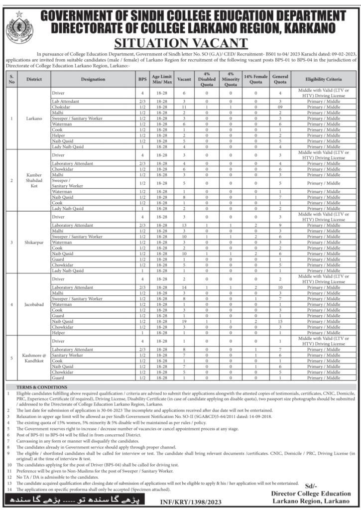 Jobs at Education Department Larkano Region 2023