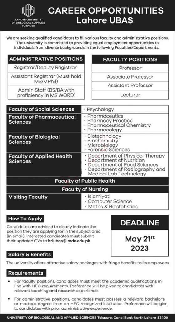 Job Opportunities at Lahore UBAS 2023