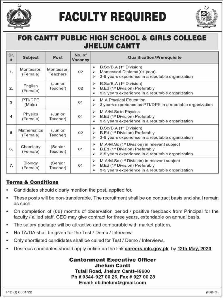 Teaching Jobs at Cantonment Board Jehlum 2023