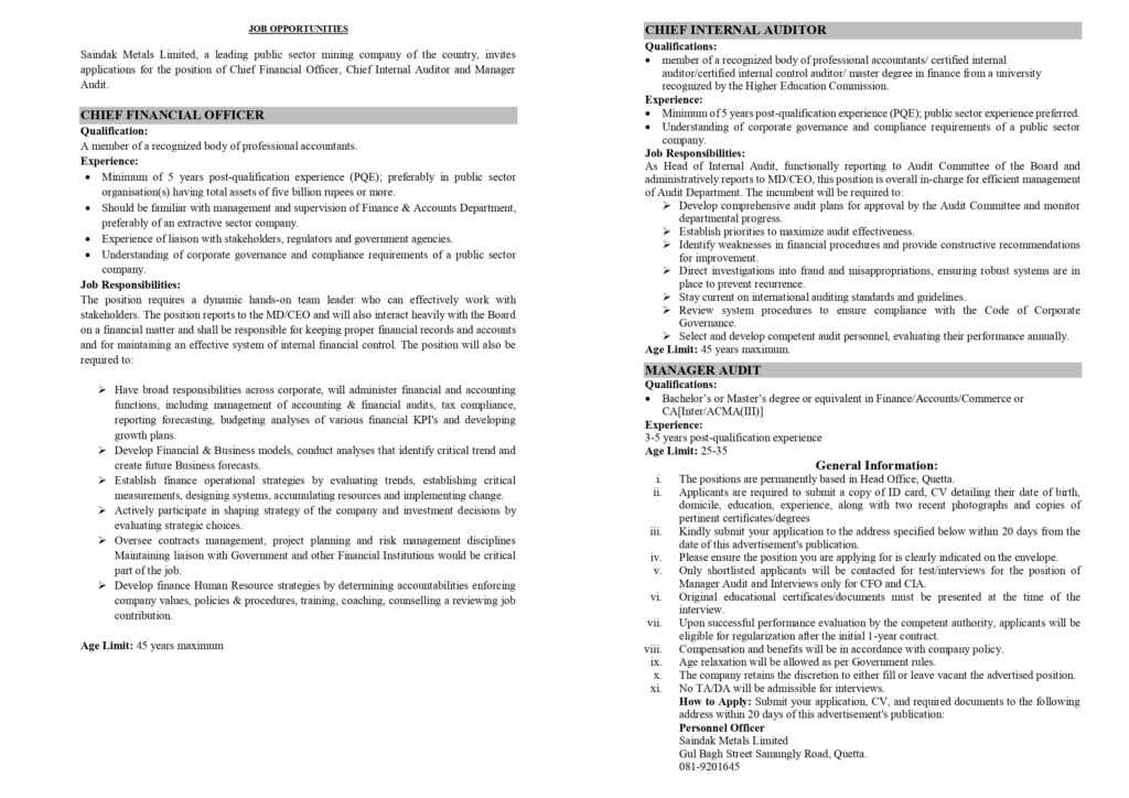Job Opportunities at Saindak Metal Limited 2023