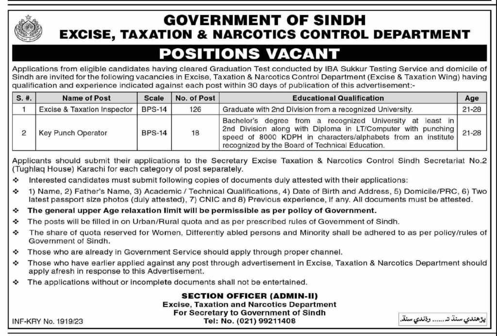 New Jobs at Excise & Taxation Sindh 2023