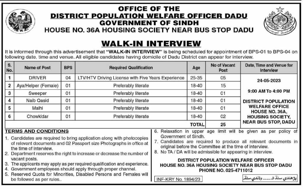 Jobs at District Population Welfare Office Dadu 2023