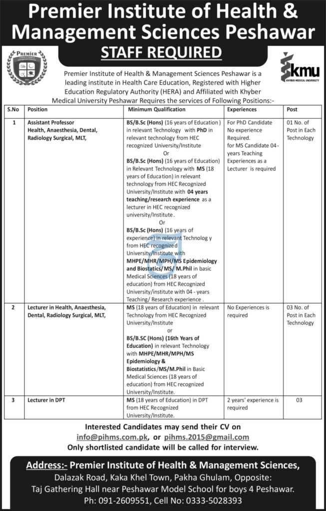 Jobs Announced at PIHMS Peshawar 2023