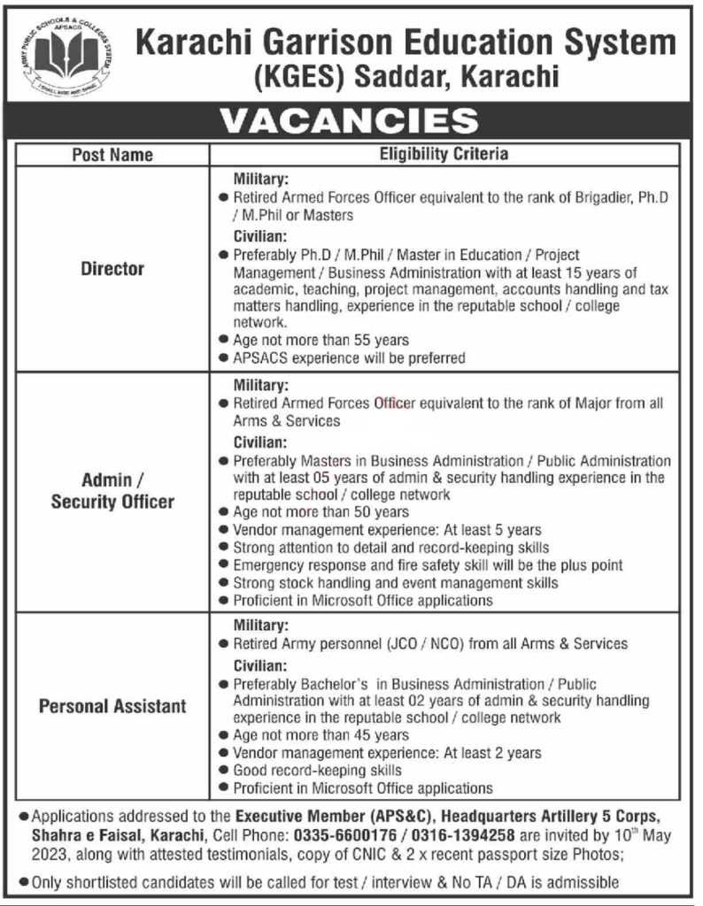 Jobs at Karachi Garrison Education System 2023