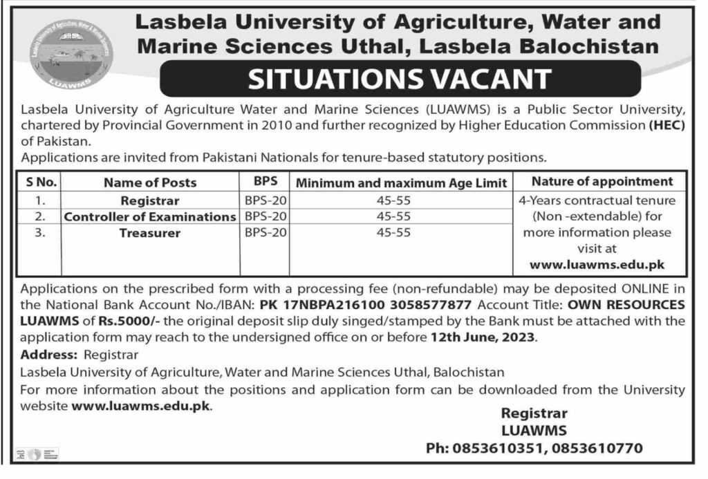 New Positions at LUAWMS Uthal Balochistan 2023
