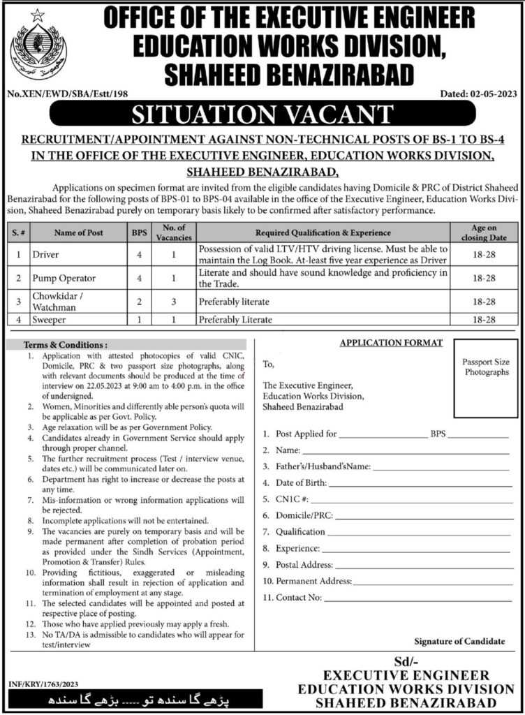 Jobs at Education Works Division Sindh 2023