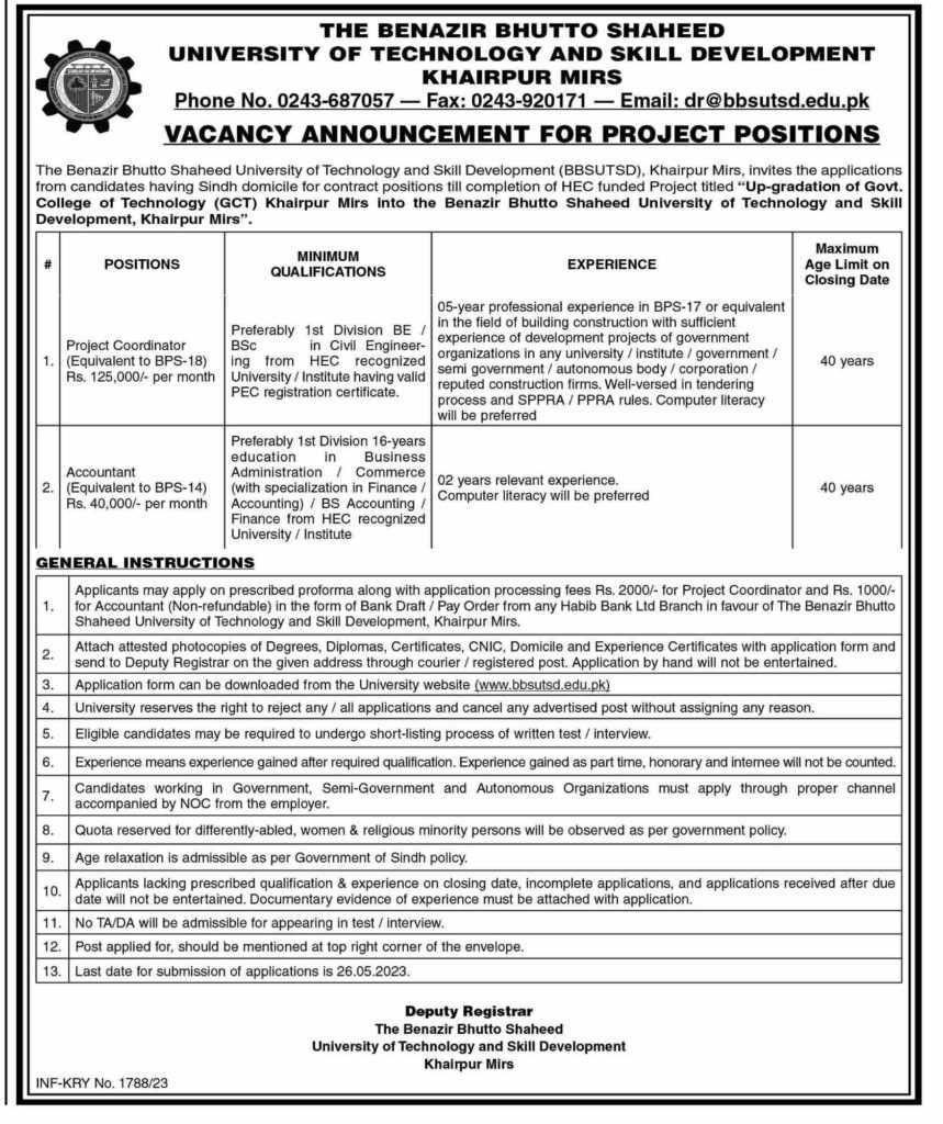 New Project Positions at BBSUTSD Khairpur Mirs 2023