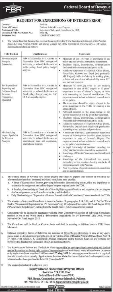 Consultancy Positions at FBR Pakistan 2023
