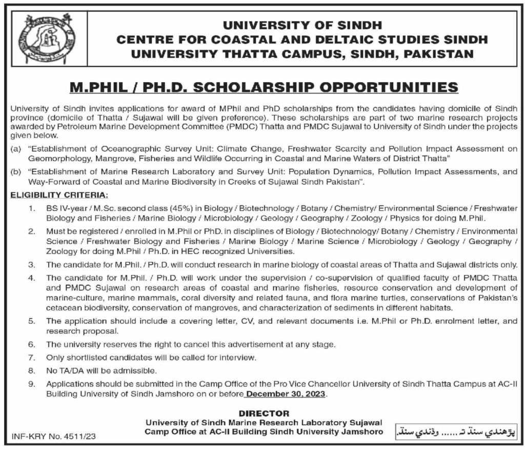 latest jobs in sind, scholarship at university of sindh 2023, new scholarships, latest scholarships in pakistan,