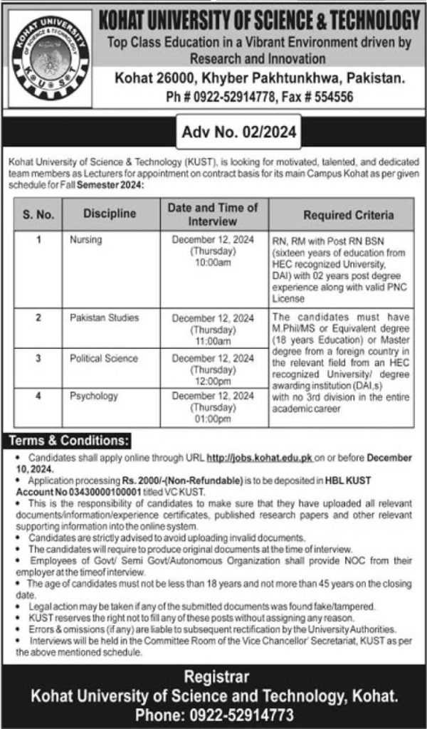 latest jobs in kohat, jobs in kohat, jobs at kust kpk 2024,