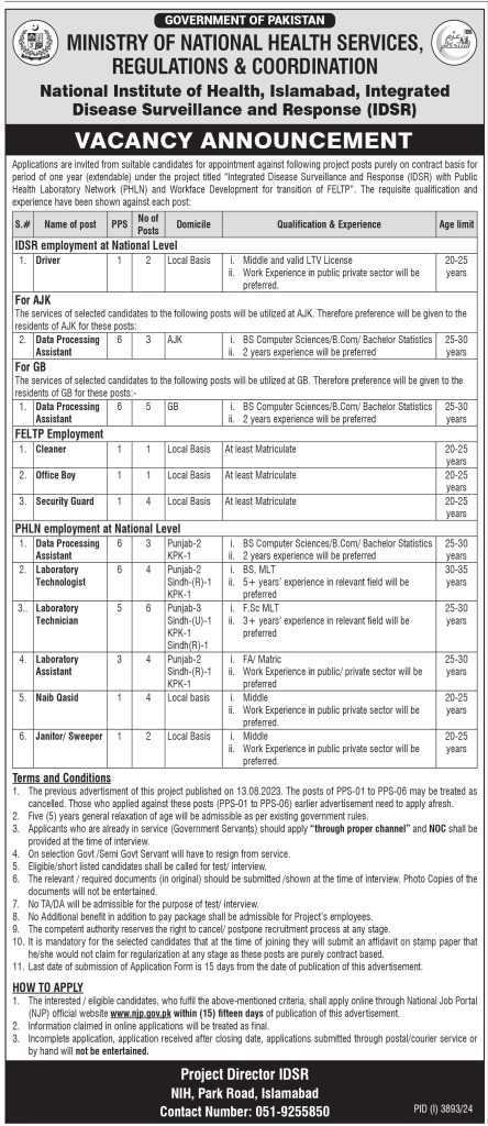 latest jobs in islamabad, jobs in islamabad, federal ministry jobs, ministry of health jobs, jobs at nih mnhsr&c islamabad 2024,