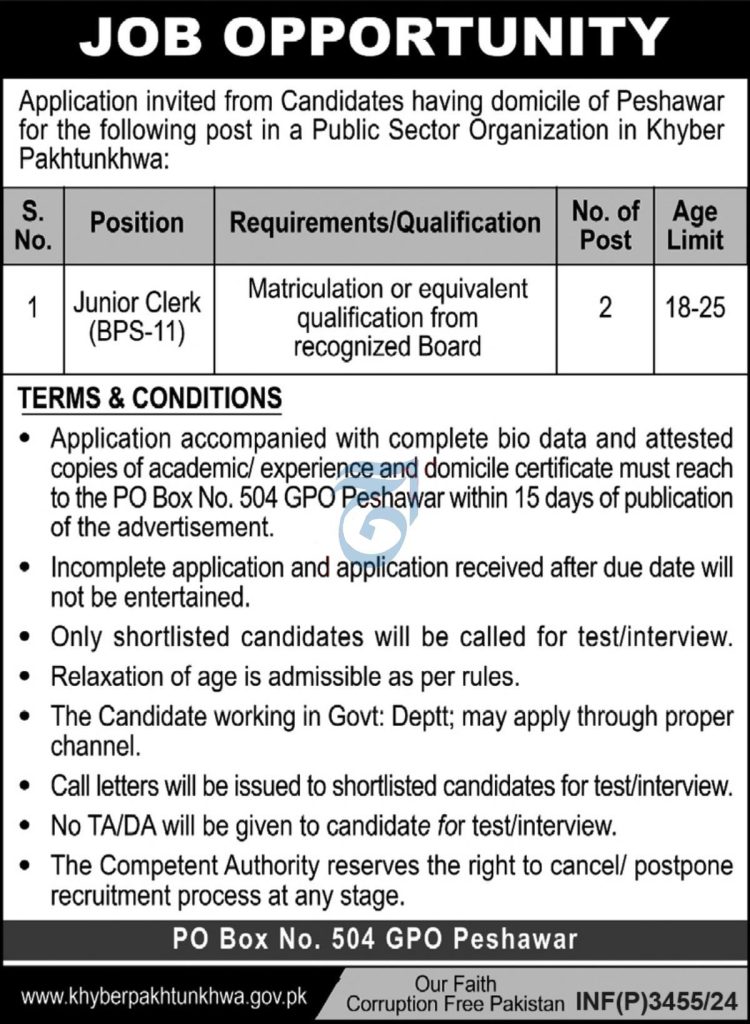 latest jobs in peshawar, clerical jobs in public sector org peshawar 2024, jobs in peshawar,