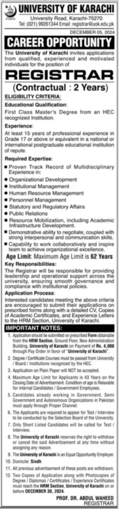 latest jobs in karachi, uni of karachi jobs, registrar job at uni of karachi 2024,