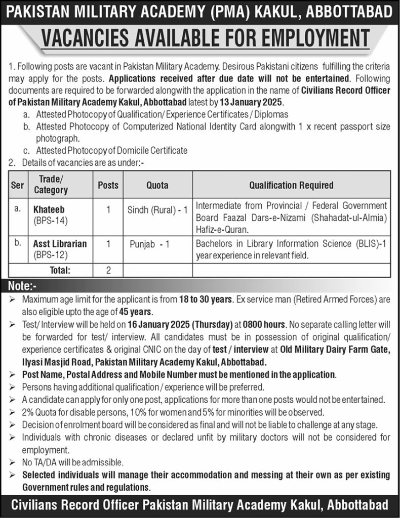 latest jobs in pma, pma kakul jobs, khateeb & librarian job at pma 2024, jobs for civilians at pma, 