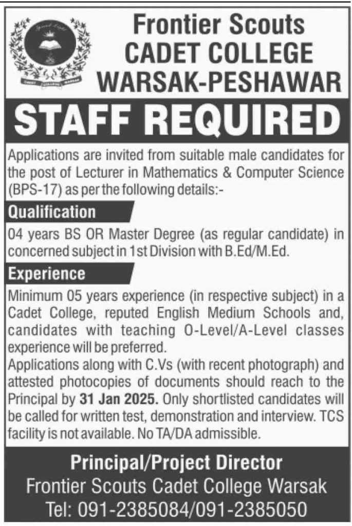 latest jobs in warsak, jobs at cadet college warsak 2025, jobs in kpk, 