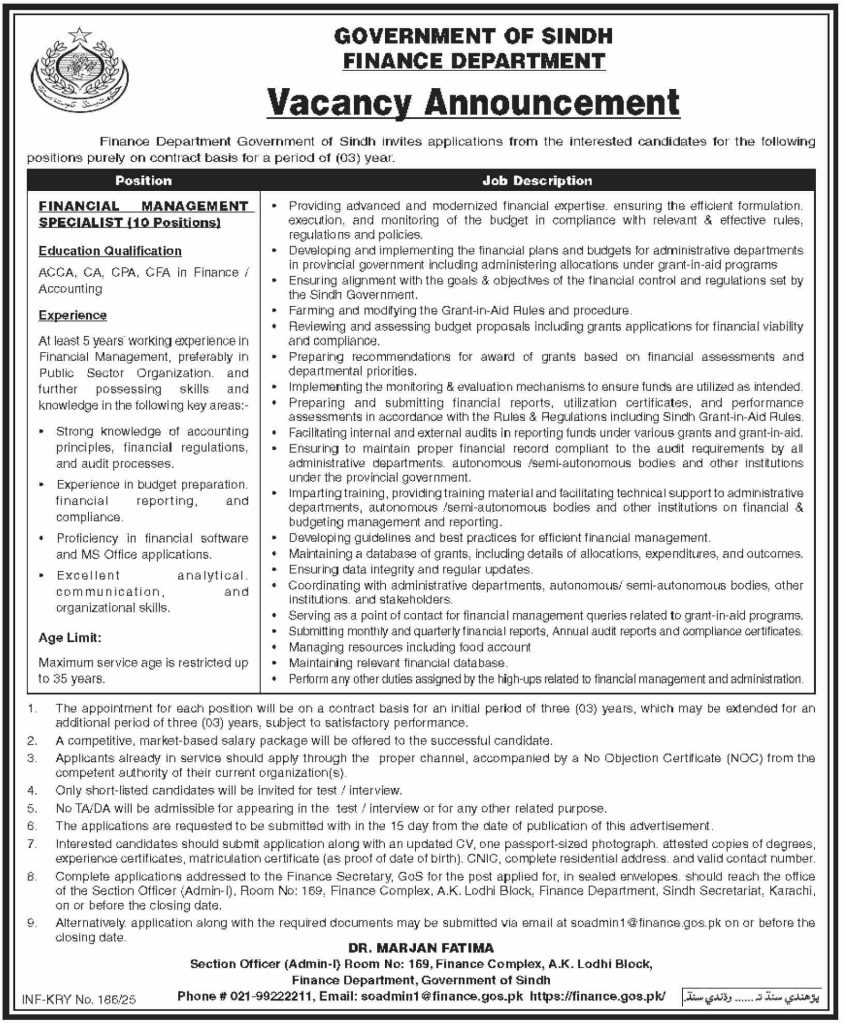 latest jobs in sindh, jobs in sindh, financial management specialist job at finance deptt sindh 2025, 