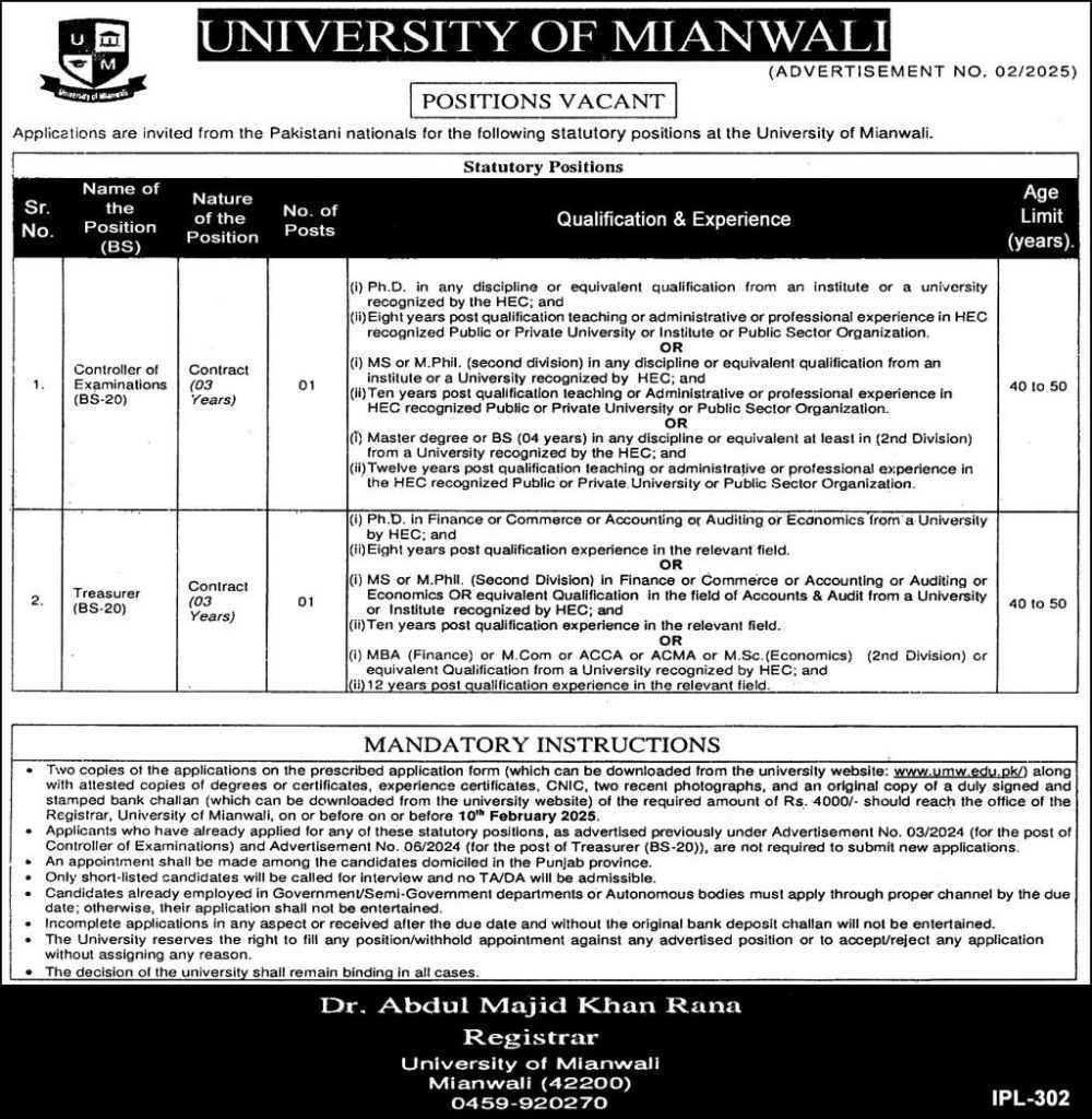 latest jobs in mianwali, jobs in mianwali, jobs at university of mianwali 2025, university jobs in mianwali, 