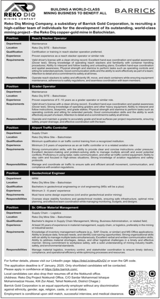 latest jobs in balochistan, jobs in balochistan, reko diq mining company jobs, jobs at reko diq mining company 2025,