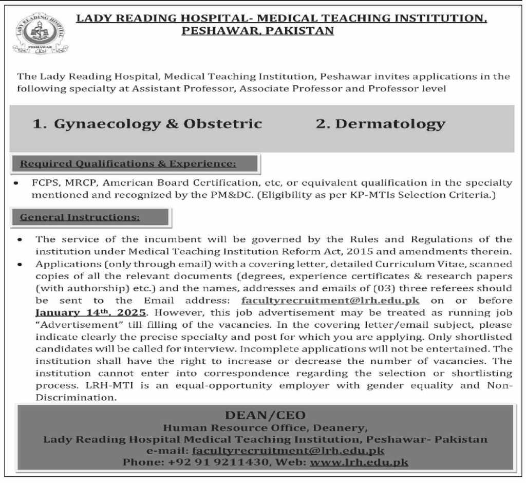 latest jobs in kpk, jobs in peshawar, jobs at lrh mti peshawar 2025,