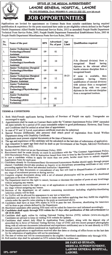 jobs at lahore general hospital 2025, medical jobs in lahore, technical jobs in lahore, 