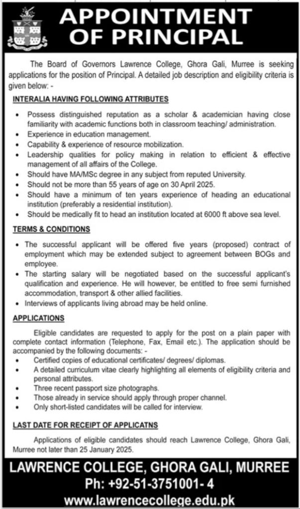 latest jobs in murree, jobs at lawrence college ghora gali murree 2025, lawrence college murree jobs, 