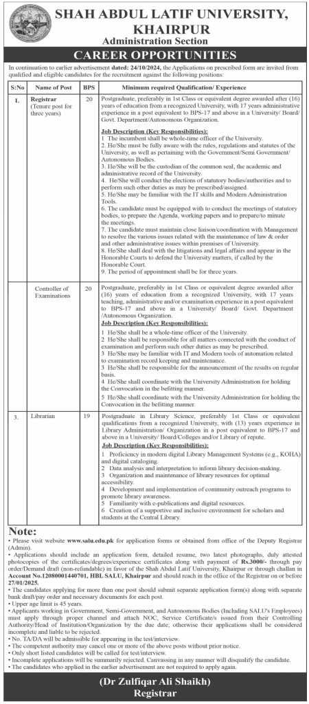 latest jobs in khairpur, jobs at shah abdul latif university khairpur 2025, university jobs in pakistan, 