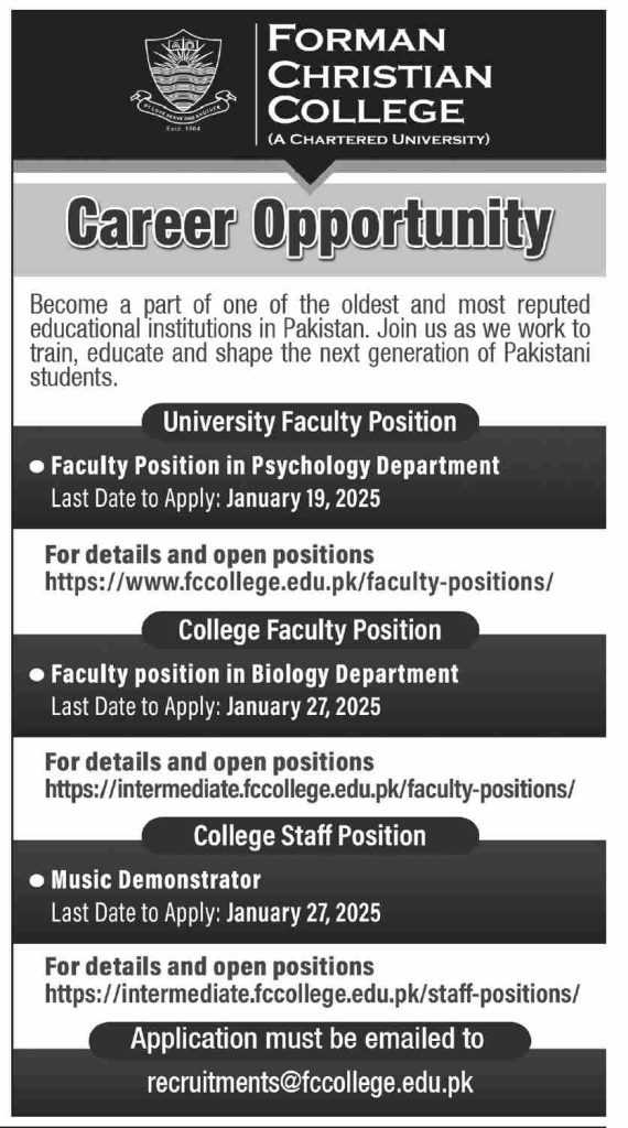 latest jobs in karachi, jobs at forman christian college karachi 2025, teaching jobs in karachi, 