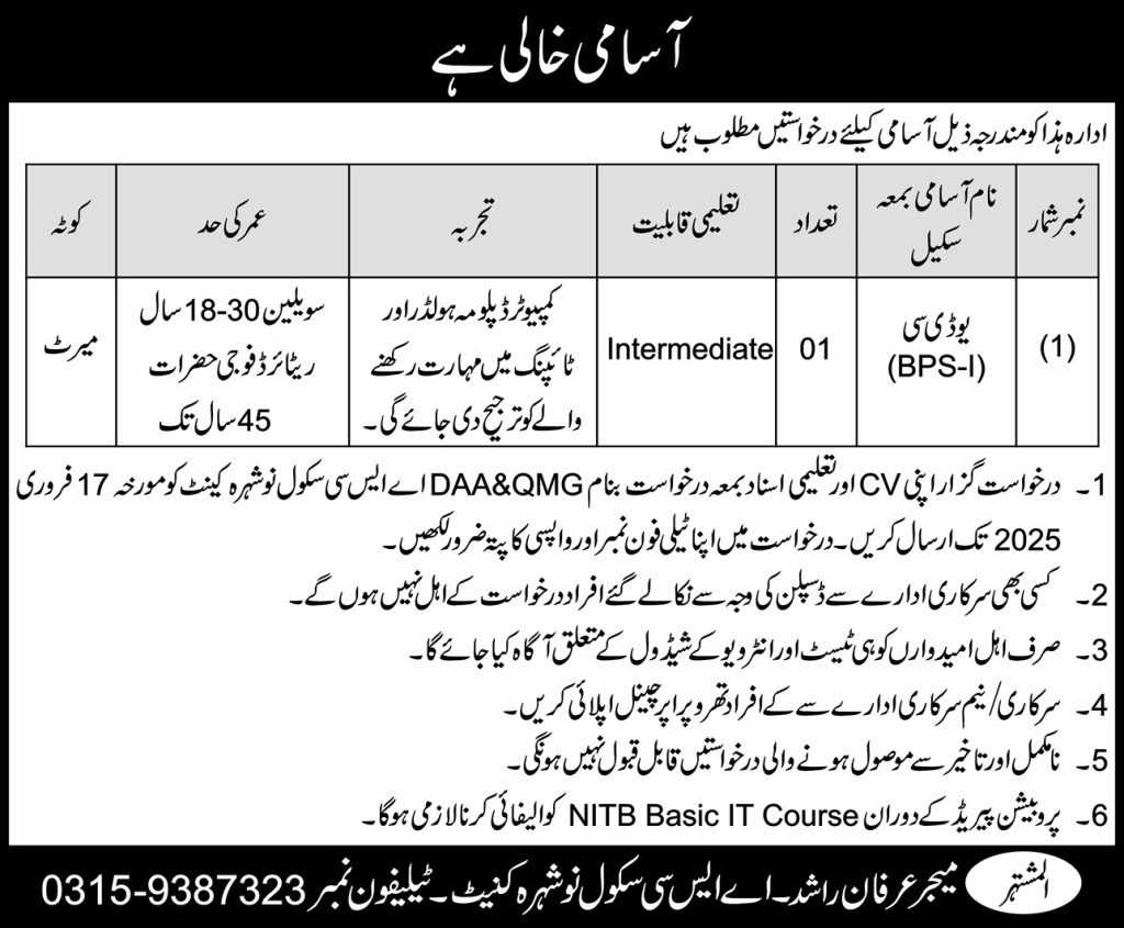 latest jobs in nowshera, jobs at asc school nowshera 2025, pak army jobs, 